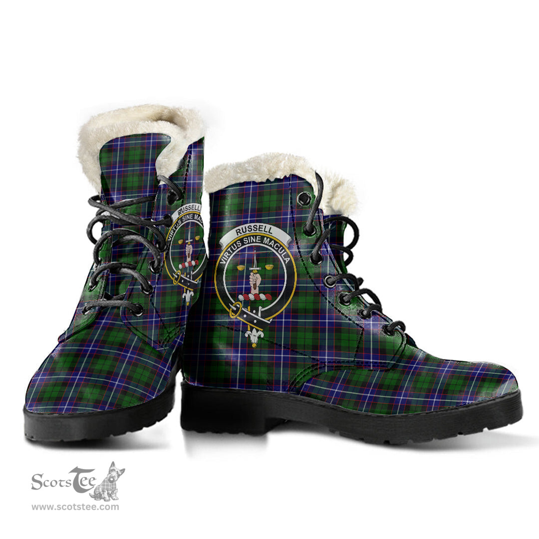 ScotsTee Shop Scottish Russell Modern Clan Crest Faux Fur Tartan Leather Boots