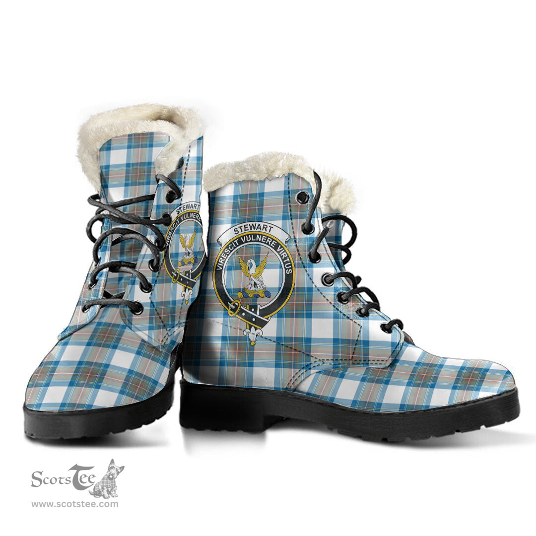 ScotsTee Shop Scottish Stewart Muted Blue Clan Crest Faux Fur Tartan Leather Boots