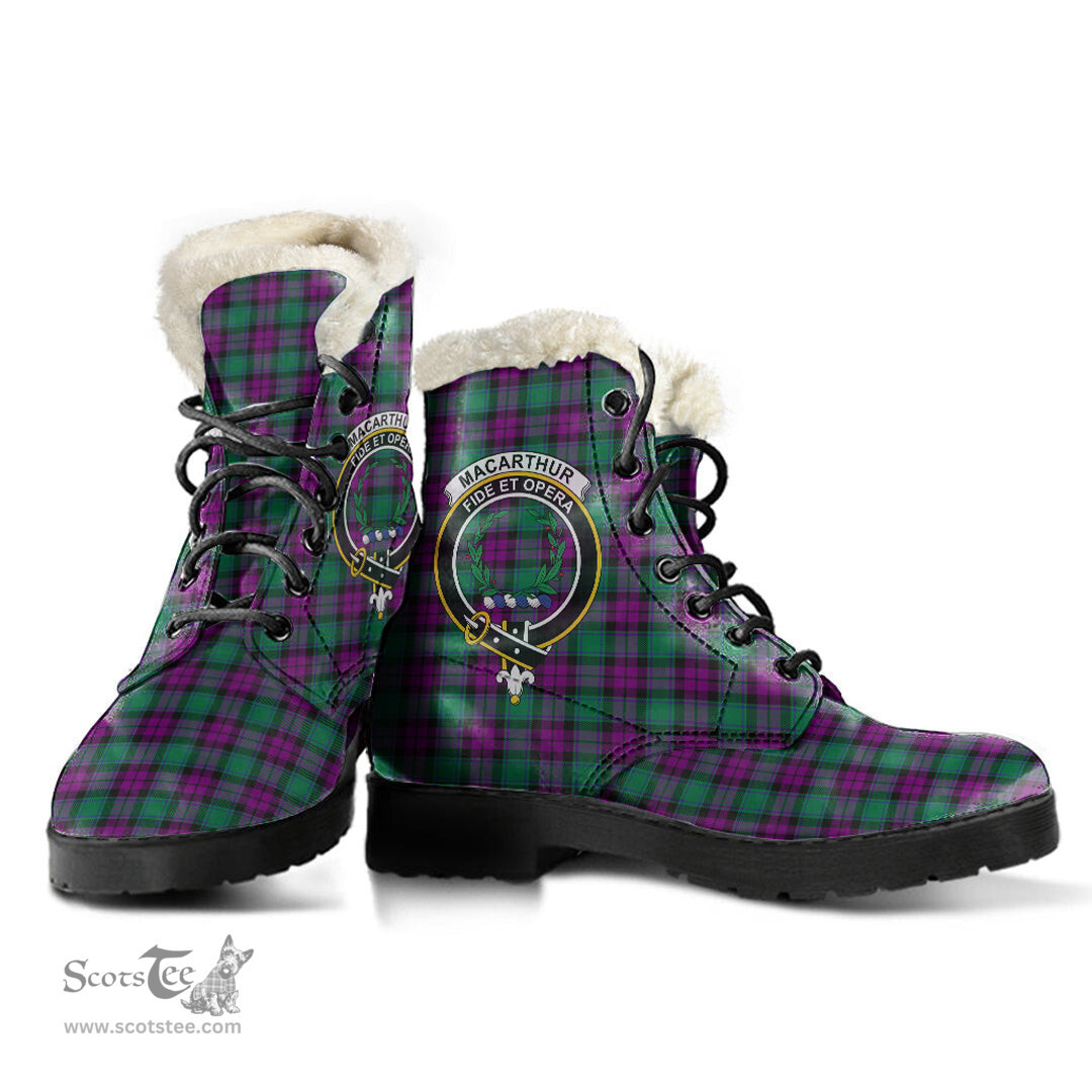 ScotsTee Shop Scottish MacArthur Milton Clan Crest Faux Fur Tartan Leather Boots
