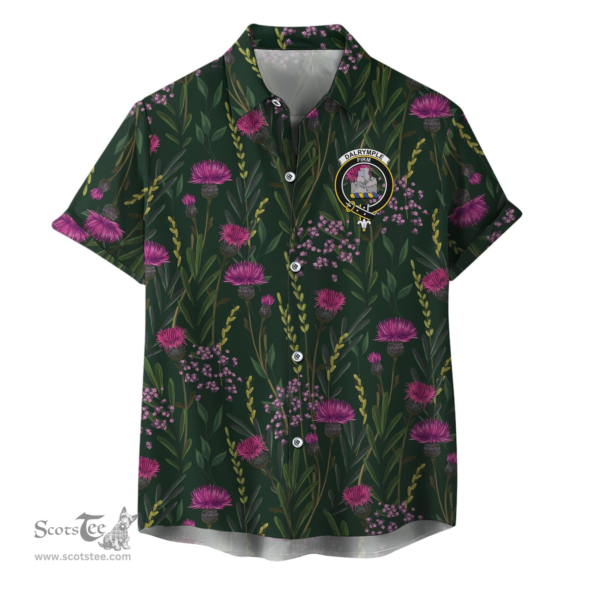 ScotsTee Shop Scottish Dalrymple Clan Crest Tartan Hawaiian Shirt with Scottish Thistle Shirt