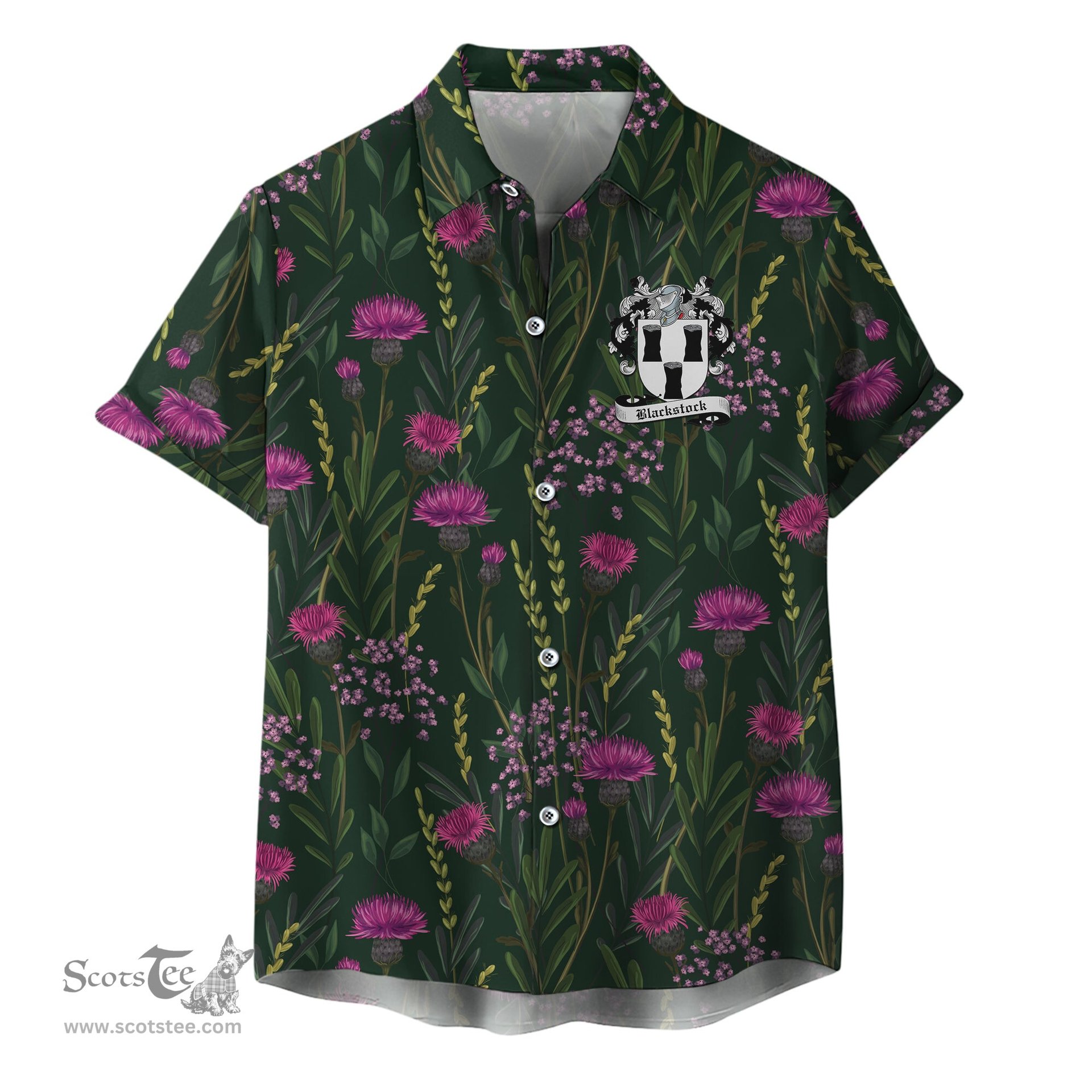 ScotsTee Shop Scottish Blackstock Clan Crest Tartan Hawaiian Shirt with Scottish Thistle Shirt