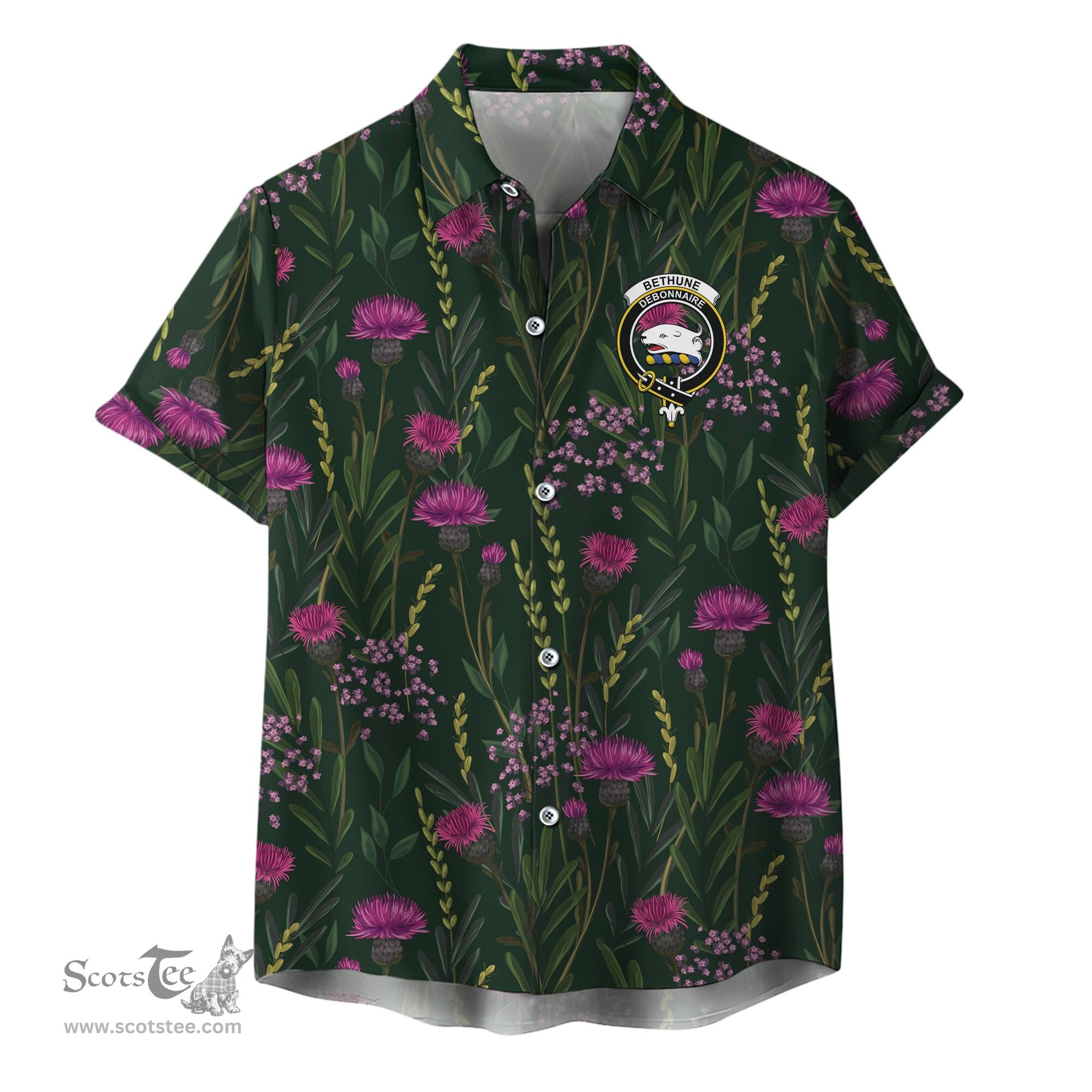 ScotsTee Shop Scottish Bethune Clan Crest Tartan Hawaiian Shirt with Scottish Thistle Shirt