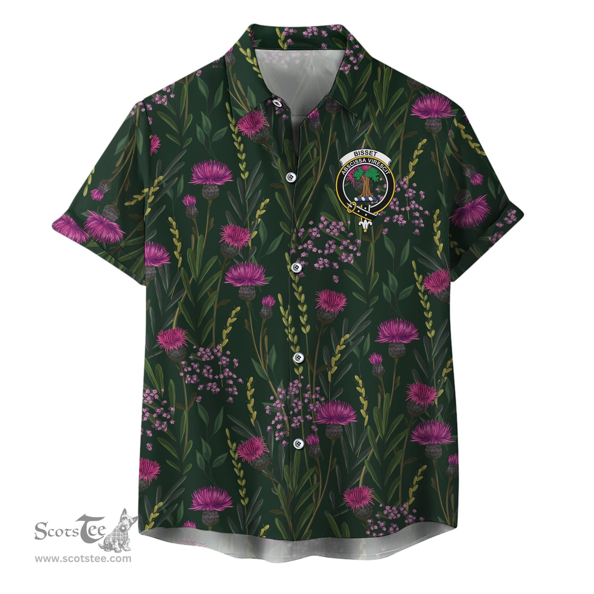 ScotsTee Shop Scottish Bisset Clan Crest Tartan Hawaiian Shirt with Scottish Thistle Shirt