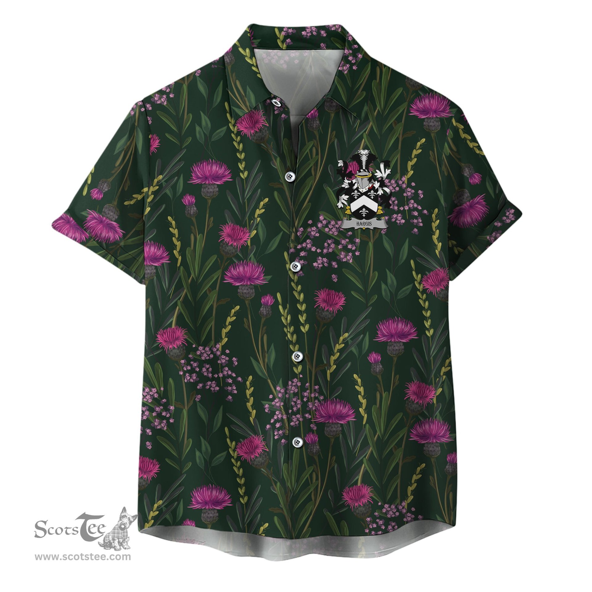 ScotsTee Shop Scottish Hargis Clan Crest Tartan Hawaiian Shirt with Scottish Thistle Shirt