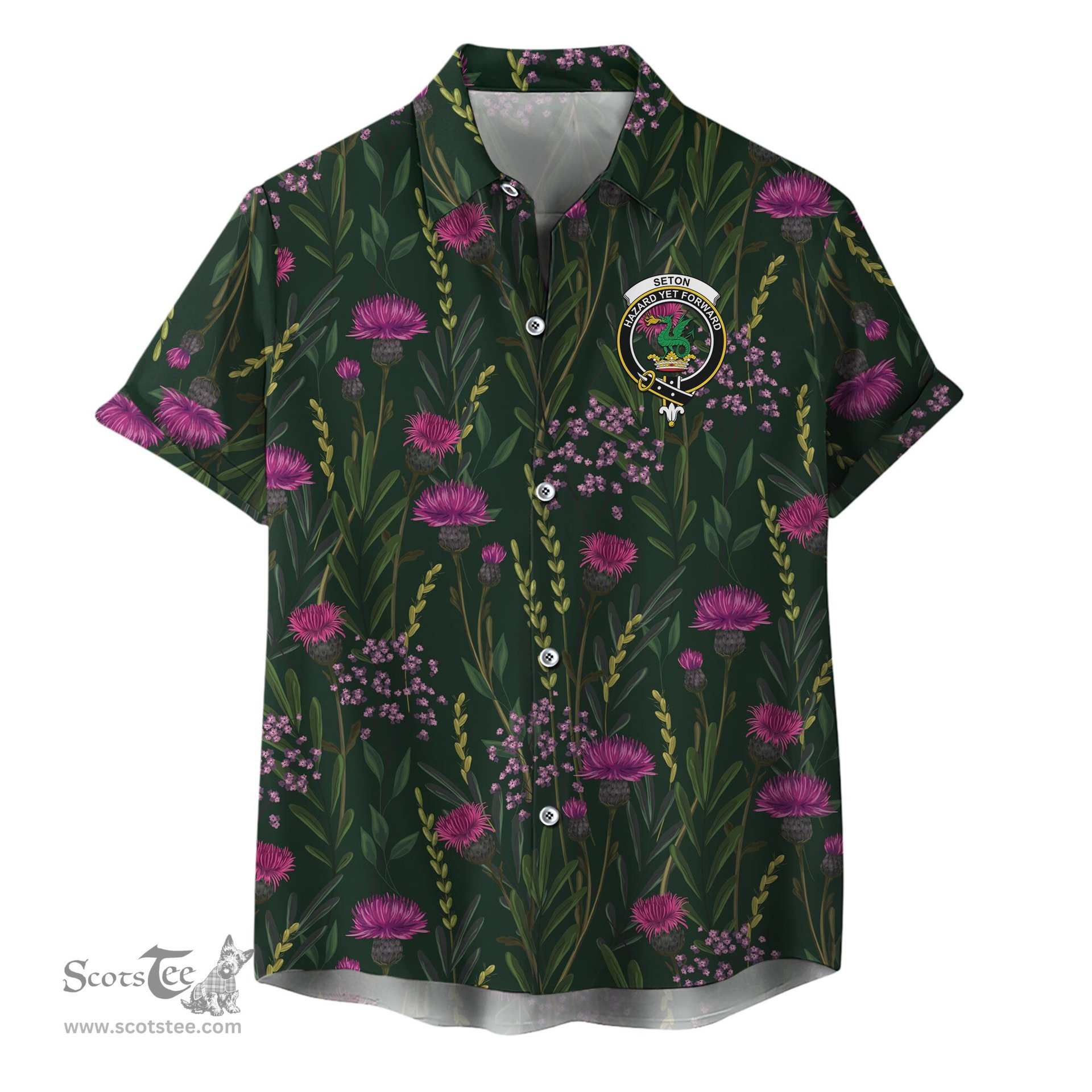 ScotsTee Shop Scottish Seton Clan Crest Tartan Hawaiian Shirt with Scottish Thistle Shirt
