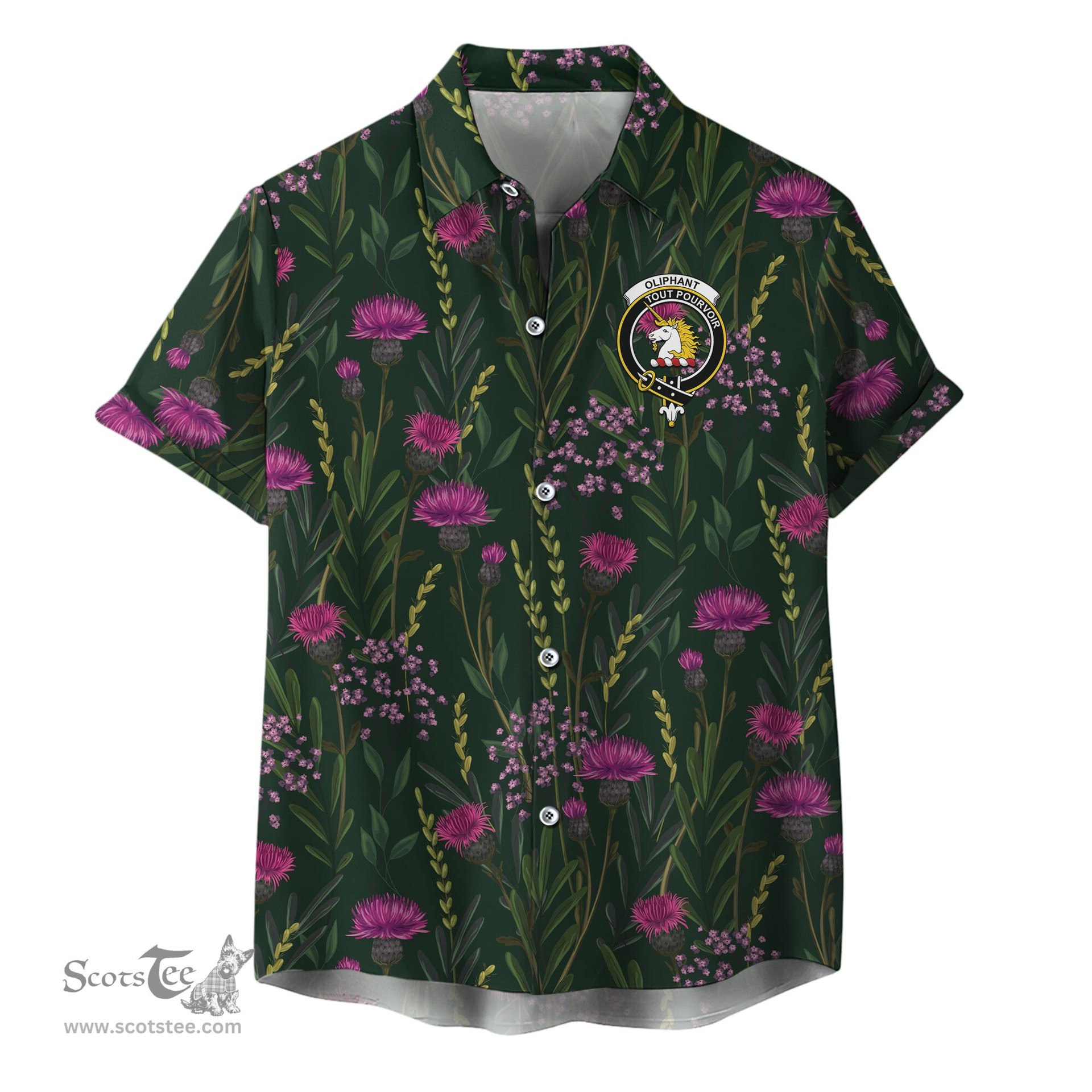 ScotsTee Shop Scottish Oliphant Clan Crest Tartan Hawaiian Shirt with Scottish Thistle Shirt