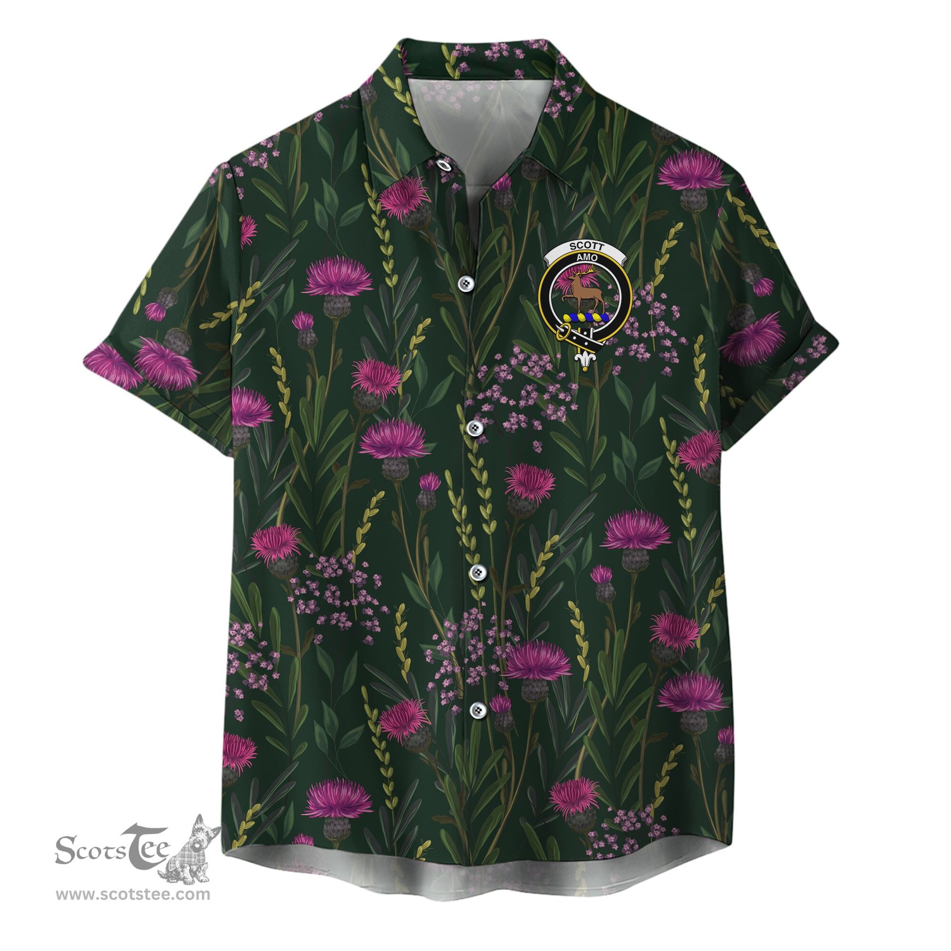 ScotsTee Shop Scottish Scott Clan Crest Tartan Hawaiian Shirt with Scottish Thistle Shirt