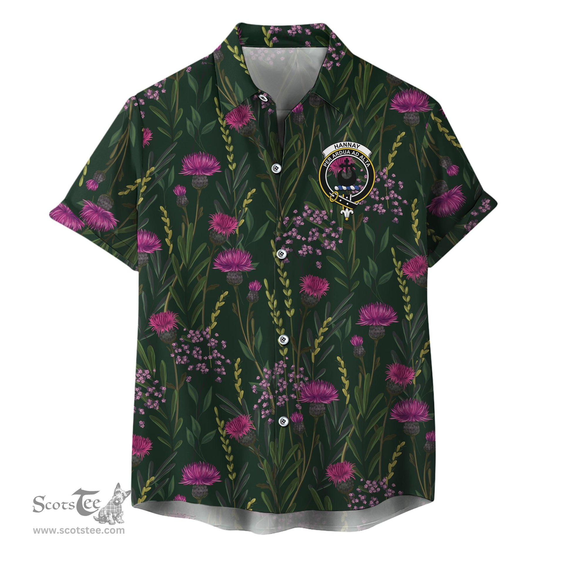 ScotsTee Shop Scottish Hannay Clan Crest Tartan Hawaiian Shirt with Scottish Thistle Shirt