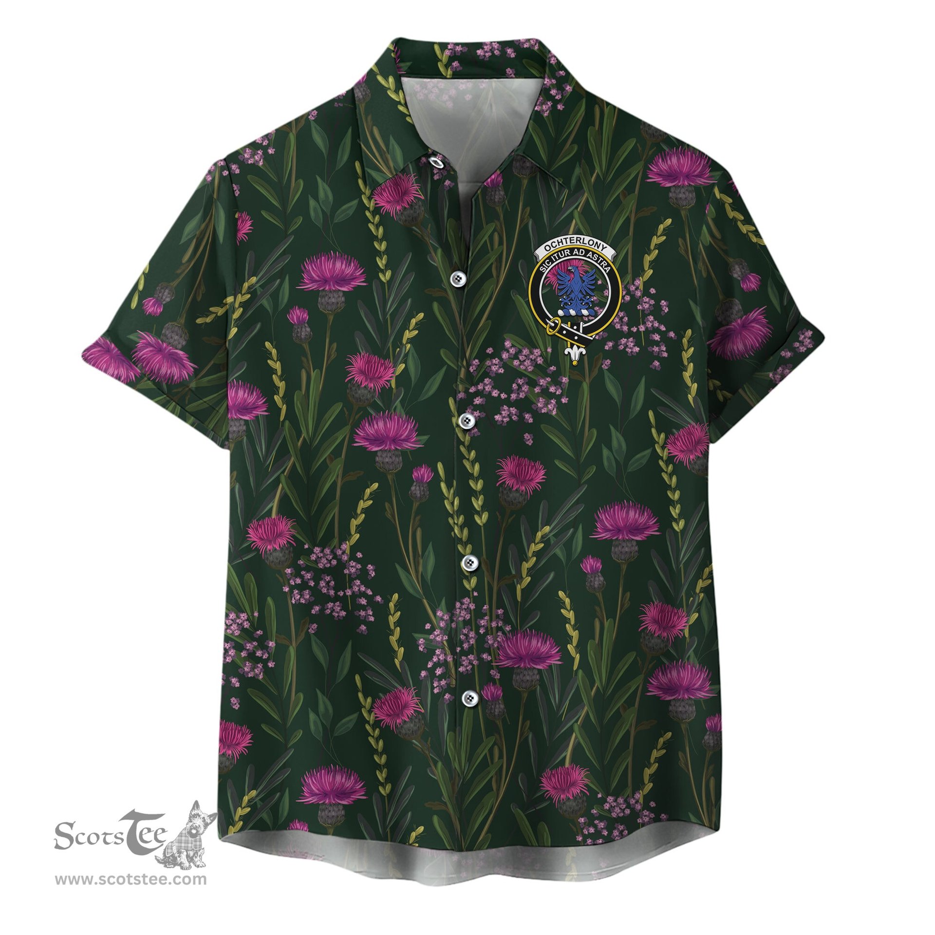 ScotsTee Shop Scottish Ochterlony Clan Crest Tartan Hawaiian Shirt with Scottish Thistle Shirt