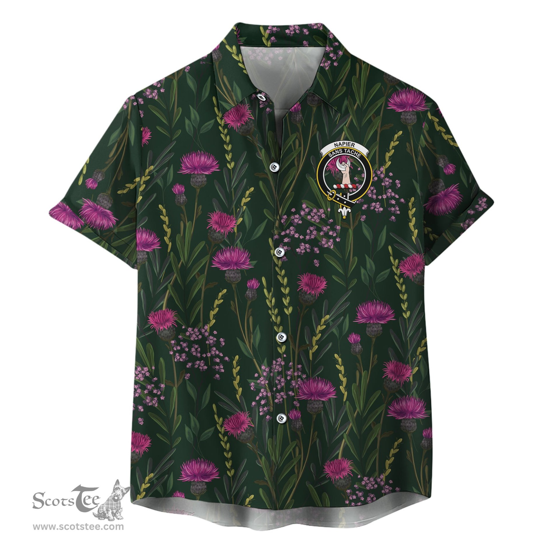 ScotsTee Shop Scottish Napier Clan Crest Tartan Hawaiian Shirt with Scottish Thistle Shirt