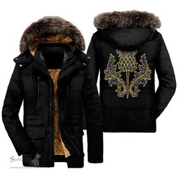 ScotsTee Shop Scottish Adam Clan Scottish Thistle Tartan Faux Fur Hooded Parka Jacket