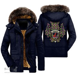ScotsTee Shop Scottish Armstrong Modern Clan Crest Scottish Thistle Tartan Faux Fur Hooded Parka Jacket