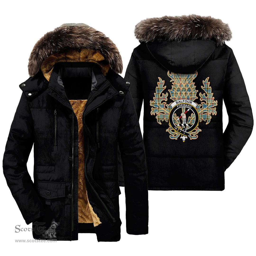 ScotsTee Shop Scottish Balfour Blue Clan Crest Scottish Thistle Tartan Faux Fur Hooded Parka Jacket