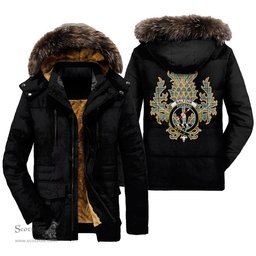ScotsTee Shop Scottish Balfour Blue Clan Crest Scottish Thistle Tartan Faux Fur Hooded Parka Jacket