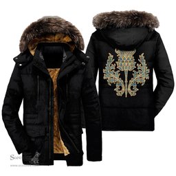 ScotsTee Shop Scottish Balfour Blue Clan Scottish Thistle Tartan Faux Fur Hooded Parka Jacket