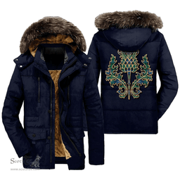ScotsTee Shop Scottish Blackwatch Ancient Clan Scottish Thistle Tartan Faux Fur Hooded Parka Jacket