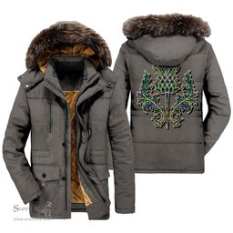 ScotsTee Shop Scottish Blackwatch Ancient Clan Scottish Thistle Tartan Faux Fur Hooded Parka Jacket