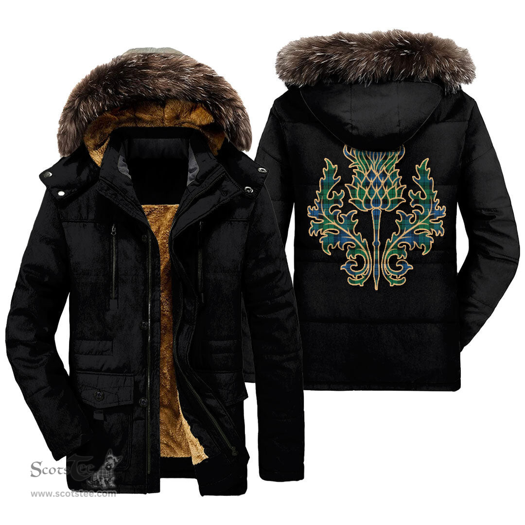 ScotsTee Shop Scottish Blackwatch Ancient Clan Scottish Thistle Tartan Faux Fur Hooded Parka Jacket