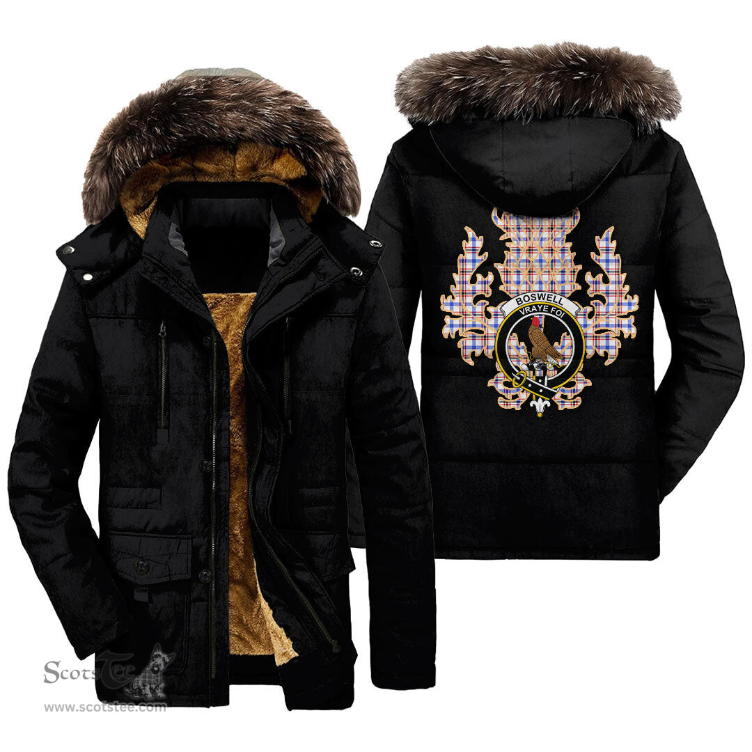 ScotsTee Shop Scottish Boswell Modern Clan Crest Scottish Thistle Tartan Faux Fur Hooded Parka Jacket