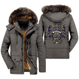 ScotsTee Shop Scottish Arbuthnot Modern Clan Crest Scottish Thistle Tartan Faux Fur Hooded Parka Jacket