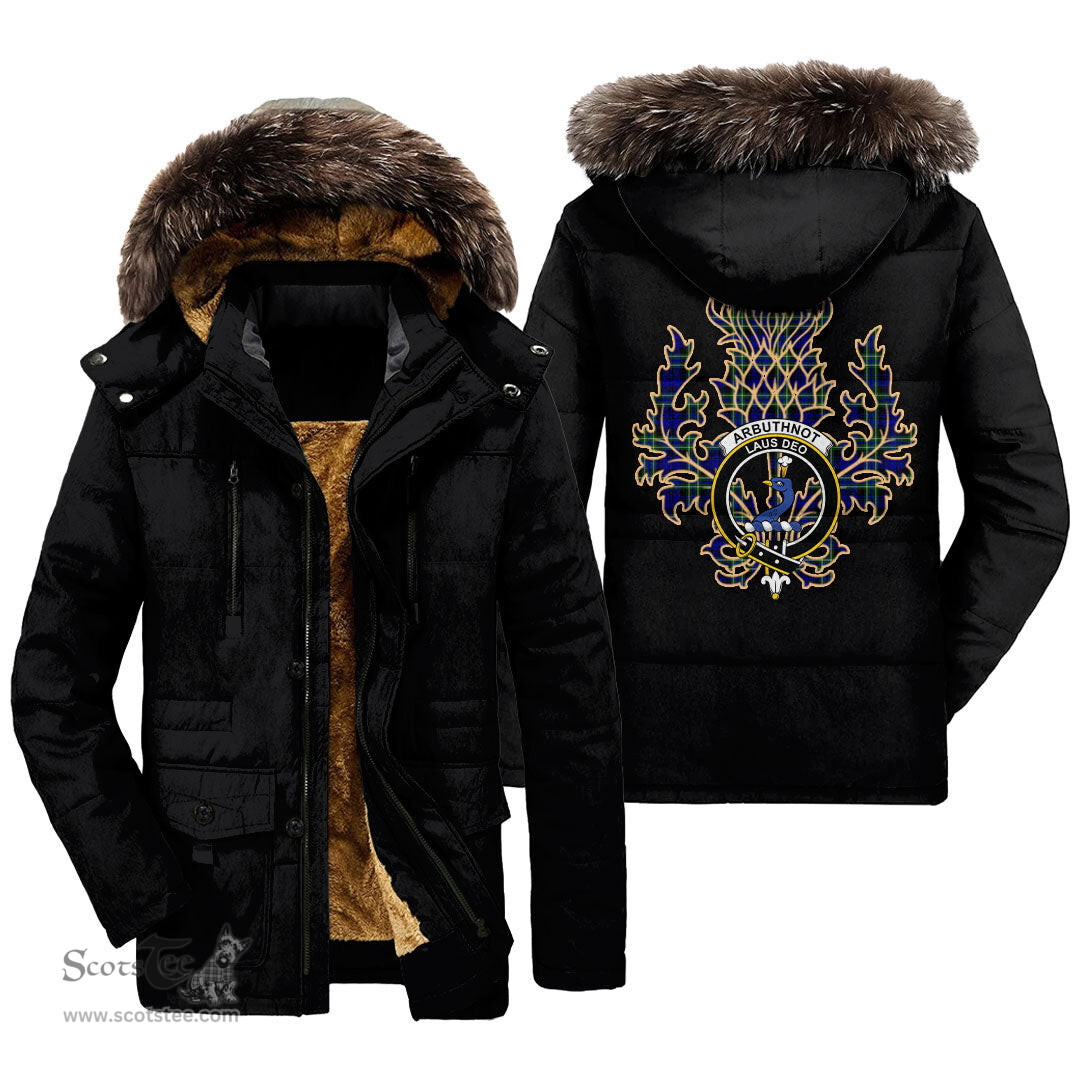 ScotsTee Shop Scottish Arbuthnot Modern Clan Crest Scottish Thistle Tartan Faux Fur Hooded Parka Jacket
