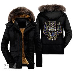 ScotsTee Shop Scottish Arbuthnot Modern Clan Crest Scottish Thistle Tartan Faux Fur Hooded Parka Jacket