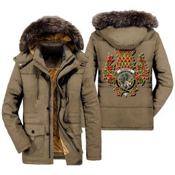 ScotsTee Shop Scottish Burnett Ancient Clan Crest Scottish Thistle Tartan Faux Fur Hooded Parka Jacket