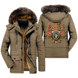 ScotsTee Shop Scottish Buchanan Old Set Weathered Clan Crest Scottish Thistle Tartan Faux Fur Hooded Parka Jacket