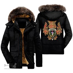 ScotsTee Shop Scottish Buchanan Old Set Weathered Clan Crest Scottish Thistle Tartan Faux Fur Hooded Parka Jacket
