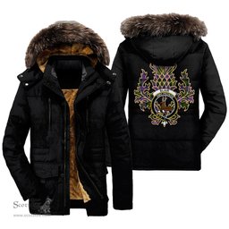 ScotsTee Shop Scottish Blair Modern Clan Crest Scottish Thistle Tartan Faux Fur Hooded Parka Jacket