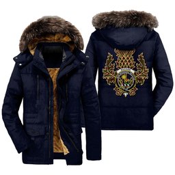 ScotsTee Shop Scottish Buchan Modern Clan Crest Scottish Thistle Tartan Faux Fur Hooded Parka Jacket