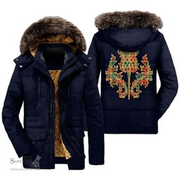 ScotsTee Shop Scottish Buchanan Old Sett Clan Scottish Thistle Tartan Faux Fur Hooded Parka Jacket