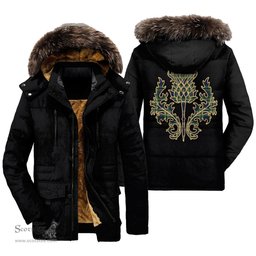ScotsTee Shop Scottish Blyth Clan Scottish Thistle Tartan Faux Fur Hooded Parka Jacket