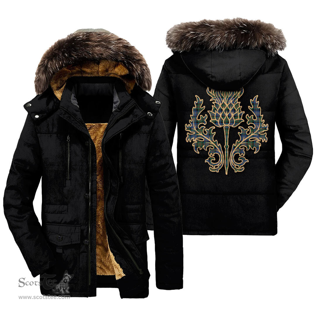 ScotsTee Shop Scottish Cameron of Erracht Ancient Clan Scottish Thistle Tartan Faux Fur Hooded Parka Jacket