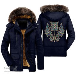 ScotsTee Shop Scottish Douglas Modern Clan Scottish Thistle Tartan Faux Fur Hooded Parka Jacket