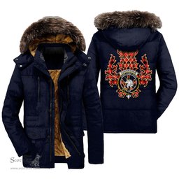 ScotsTee Shop Scottish Cunningham Modern Clan Crest Scottish Thistle Tartan Faux Fur Hooded Parka Jacket