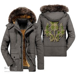 ScotsTee Shop Scottish Cunningham Dress Green Dancers Clan Scottish Thistle Tartan Faux Fur Hooded Parka Jacket