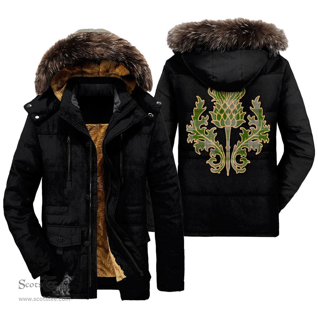 ScotsTee Shop Scottish Cunningham Dress Green Dancers Clan Scottish Thistle Tartan Faux Fur Hooded Parka Jacket