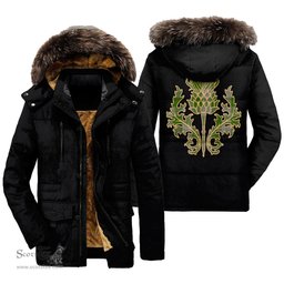 ScotsTee Shop Scottish Cunningham Dress Green Dancers Clan Scottish Thistle Tartan Faux Fur Hooded Parka Jacket