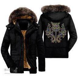 ScotsTee Shop Scottish Fletcher Ancient Clan Scottish Thistle Tartan Faux Fur Hooded Parka Jacket