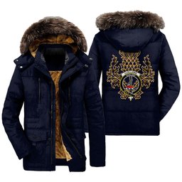ScotsTee Shop Scottish Clelland Modern Clan Crest Scottish Thistle Tartan Faux Fur Hooded Parka Jacket