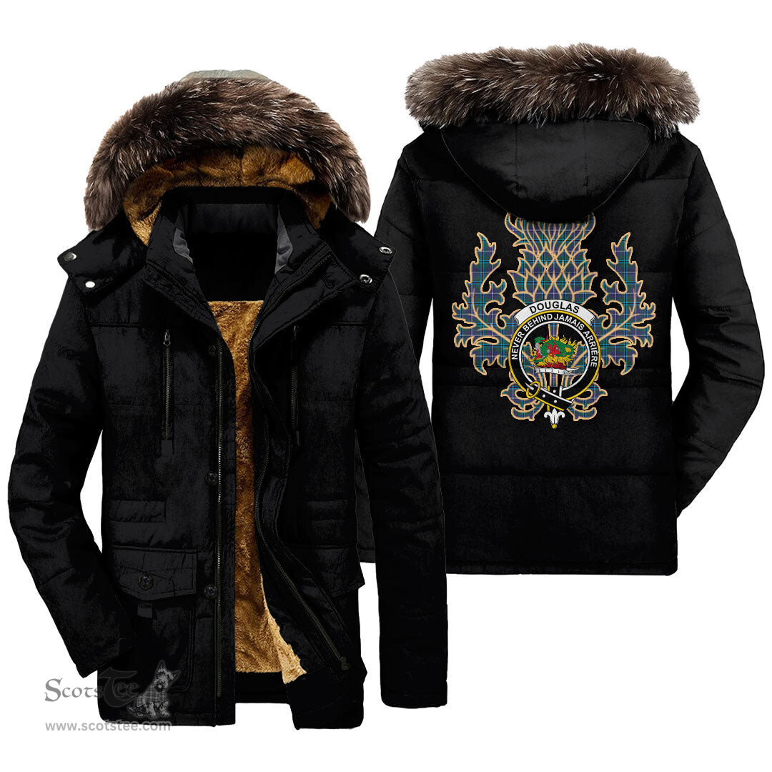 ScotsTee Shop Scottish Douglas Modern Clan Crest Scottish Thistle Tartan Faux Fur Hooded Parka Jacket
