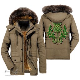 ScotsTee Shop Scottish Don Tribe of Mar Clan Scottish Thistle Tartan Faux Fur Hooded Parka Jacket