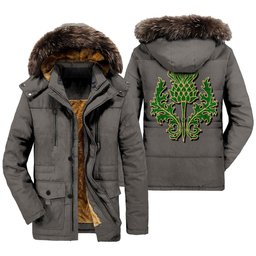 ScotsTee Shop Scottish Don Tribe of Mar Clan Scottish Thistle Tartan Faux Fur Hooded Parka Jacket