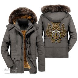 ScotsTee Shop Scottish Gray Clan Crest Scottish Thistle Tartan Faux Fur Hooded Parka Jacket