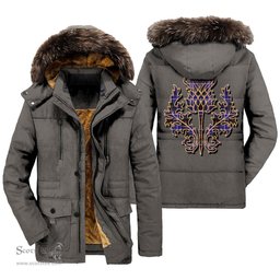 ScotsTee Shop Scottish Dunlop Modern Clan Scottish Thistle Tartan Faux Fur Hooded Parka Jacket