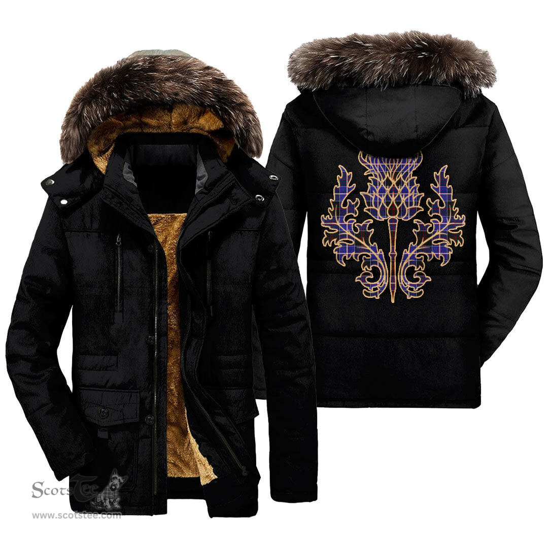 ScotsTee Shop Scottish Dunlop Modern Clan Scottish Thistle Tartan Faux Fur Hooded Parka Jacket