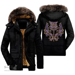 ScotsTee Shop Scottish Dunlop Modern Clan Scottish Thistle Tartan Faux Fur Hooded Parka Jacket