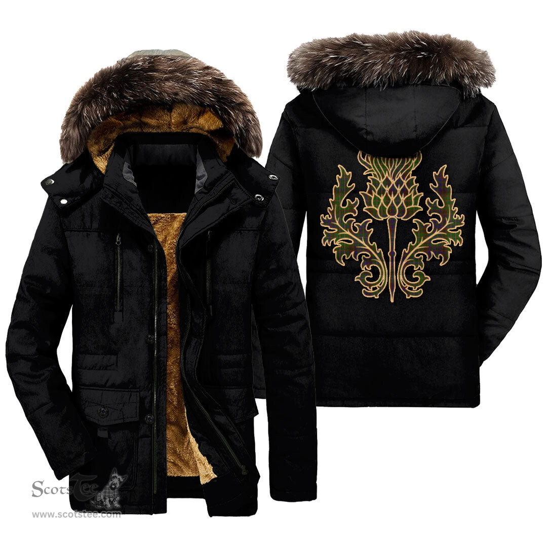 ScotsTee Shop Scottish Cunningham Hunting Modern Clan Scottish Thistle Tartan Faux Fur Hooded Parka Jacket