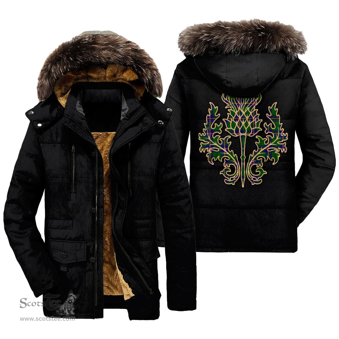 ScotsTee Shop Scottish Carmichael Modern Clan Scottish Thistle Tartan Faux Fur Hooded Parka Jacket